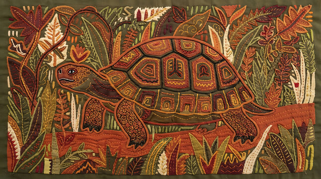 Panama applique tortoise, mola textile art in grass