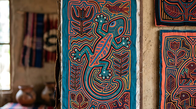 Panama applique gecko, mola textile art climbing design