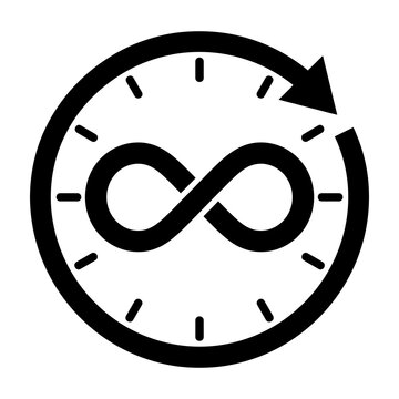 Infinity symbol inside a clock icon representing eternal time and continuous loop