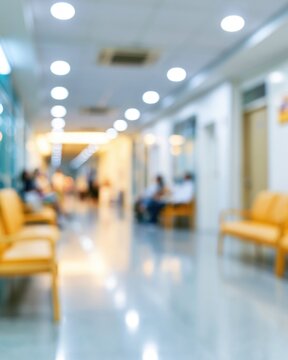 Blurred image of a hospital or clinic waiting area with chairs and people in a bright, clean corridor.