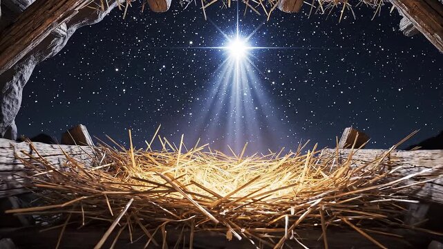 Bright star shining over empty wooden manger with straw under starry night sky