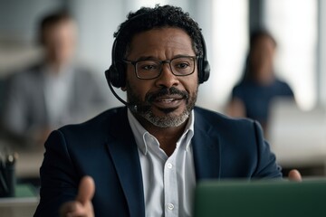 Fototapeta premium A professional man wearing glasses and a headset speaks during a virtual meeting in an office, using a laptop for videoconference or customer support.