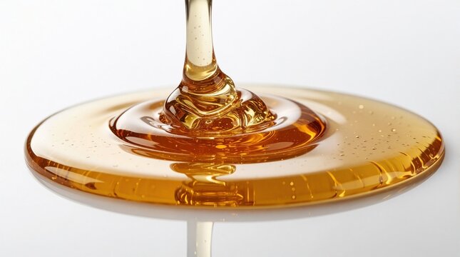 Viscous amber liquid slowly drips onto a flat surface creating ripples. Golden honey forms concentric circles with tiny air bubbles. Studio shot captures pure sweet nectar.