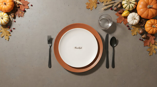 Top view of a festive thanksgiving dinner table setting with empty white plates cutlery and decorative pumpkins arranged on a neutral grey background surface