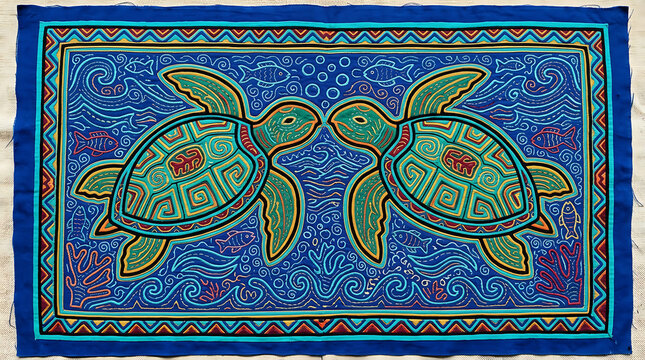 Mirrored mola sea turtles, layered fabric folk art print