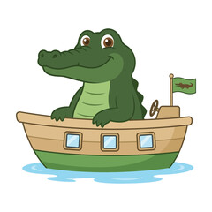 Obraz premium Smiling cartoon alligator sitting in a small wooden boat on water with flag