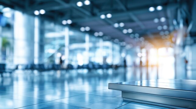 A modern, empty airport terminal with glossy floors, large windows, and bright natural light streaming in, creating a spacious and clean atmosphere.