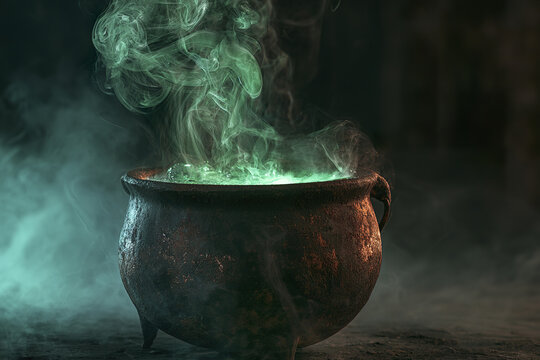 Enchanted cauldron emitting green magic bright glowing potion with swirling smoke in dark mysterious setting