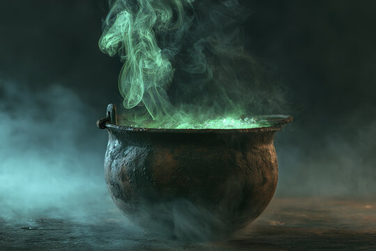 Enchanted cauldron emitting green magic bright glowing potion with swirling smoke in dark mystical setting