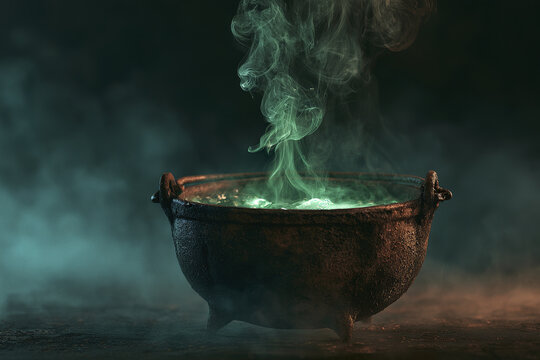 Enchanted cauldron emitting green magic bright glowing potion with swirling smoke in dark mystical atmosphere