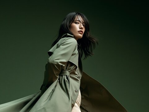 風になびくロングトレンチコートをスタイリッシュに羽織る黒髪の女性