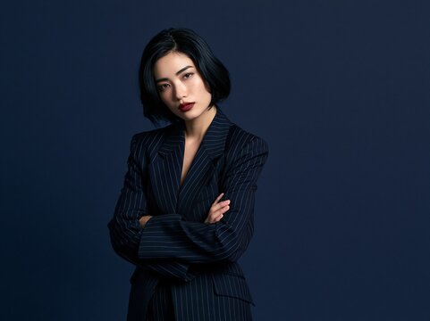 自信に満ちた穏やかな笑みを浮かべて腕を組むスーツ姿の女性社員