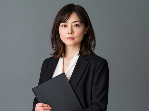 オフィス街を背景に知的な笑みを湛えるスーツ姿の女性役員