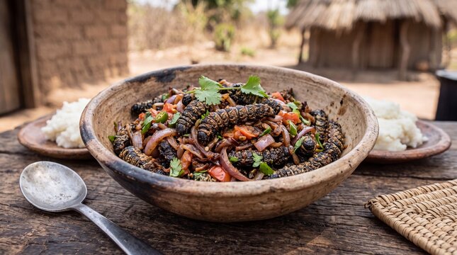 Ifinkubala, Zambian Mopane Worms in Onion Tomato Sauce with Nshima, Traditional Delicacy