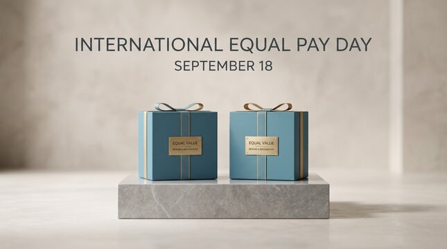 International Equal Pay Day concept, September 18 awareness banner, blue gift boxes on stone podium with gender pay gap text