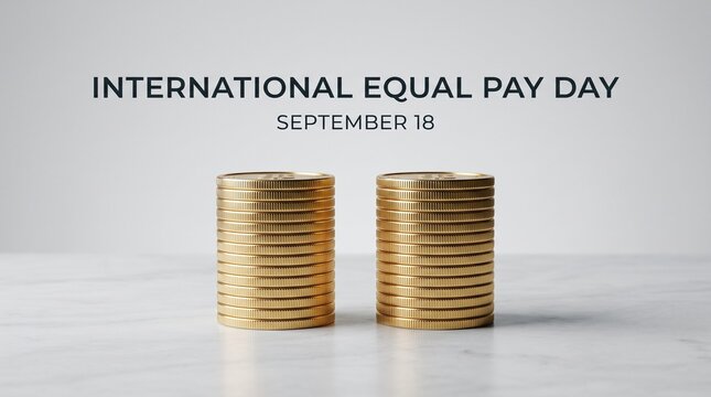 International Equal Pay Day concept with gold coin stacks. September 18 gender pay gap awareness. Financial equality and fair wages.
