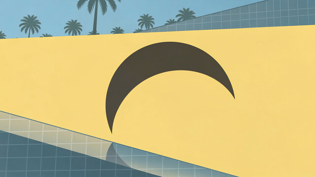 Minimalist geometric crescent shape on yellow wall with palm trees and swimming pool, suitable for architectural design, travel ads and lifestyle