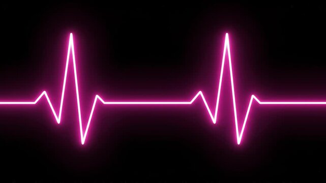 Neon pink electrocardiogram pulses moving across a dark background representing health and life
