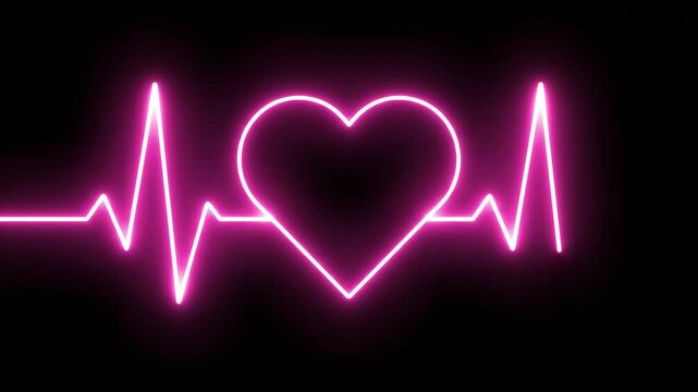 Neon pink heartbeat line forming a heart shape with pulses on black background for medical concepts