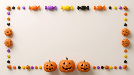 Fototapeta premium Halloween frame from plastic pumpkins and candies, orange, white background, flat lay for copy space