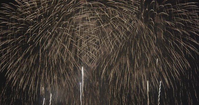 夜空に大輪の打ち上げ花火が爆発し激しく火の粉が飛び散る夏の日本の花火のクローズアップ動画