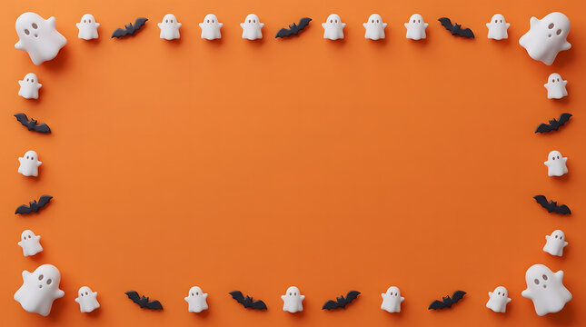 Cute white and black mini rubber ghost and bat decorations on orange background. Hollowed out Halloween frame border with copy space. Traditional spooky autumn holiday props