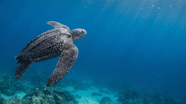 Indonesian Leatherback sea turtle swimming in deep blue ocean over coral reef with sun rays