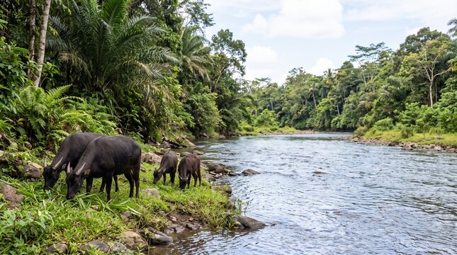 A herd of anoas grazes on the grassy riverbank within a lush Indonesian rainforest