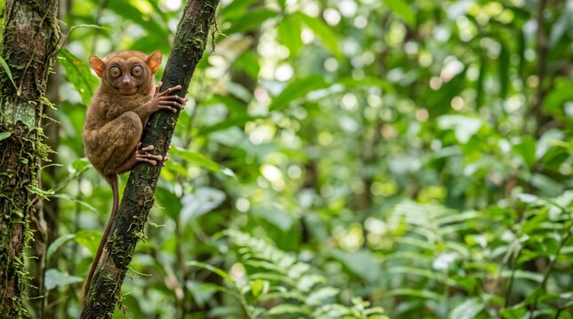Tarsier primate perches on mossy branch looking forward in a lush green tropical Indonesian jungle