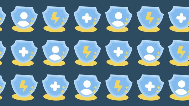 Seamless pattern of blue protection shield icons with user profile, lightning bolt power, and healthcare cross symbols animated in a cartoon background animation for cybersecurity data wallpaper.