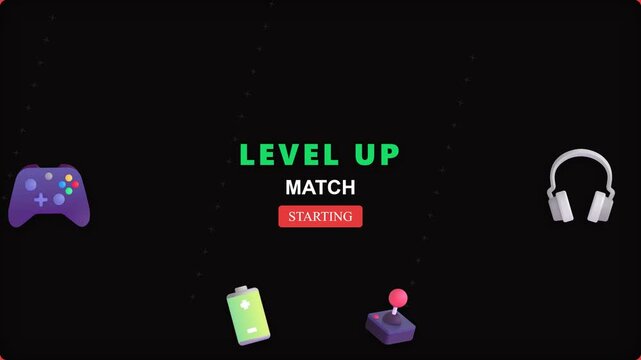 Gaming user interface with level up text and floating controller icons in a digital motion video clip for broadcast design