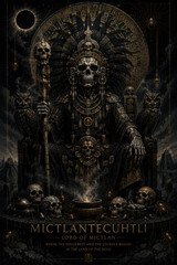 Obraz premium Mictlantecuhtli Aztec Death God with Skulls, Owls and Eclipse, Lord of Mictlan Dark Mythology Art