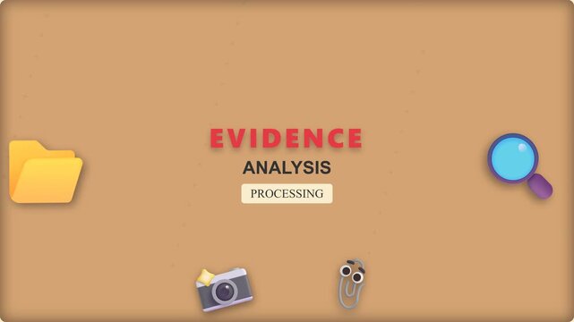 Evidence analysis processing animation displaying investigation tools like a magnifying glass folder camera and paperclip in a motion video clip
