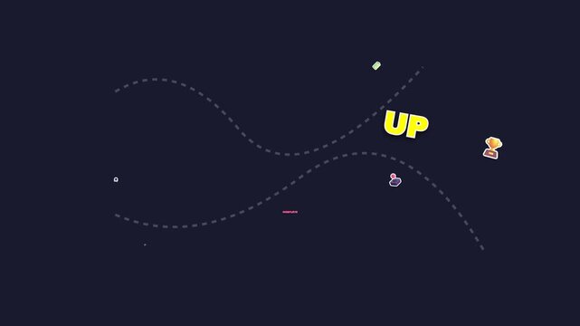 Level up complete text graphic animation featuring vibrant gaming elements like golden trophies and controllers for digital media video footage