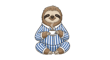 Fototapeta premium Cute sloth wearing pajamas and holding a cup of hot coffee