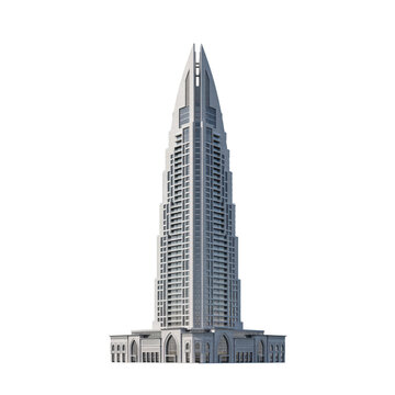 Tall pointed skyscraper with multiple windows and arched base architectural structure isolated on a transparent background