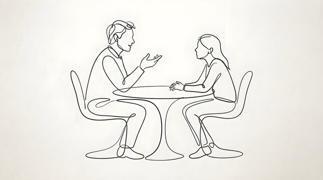 Minimalist continuous line art illustration of a teacher and a student sitting across each other at a table talking. Education and counseling concept.