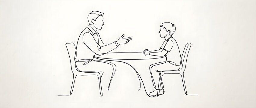 Minimalist continuous line art illustration of a teacher and a student sitting across each other at a table talking. Education and counseling concept.