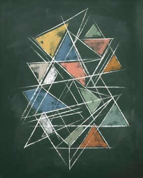 Abstract geometric chalk drawing featuring colorful overlapping triangles and intersecting white lines on a dark green chalkboard background texture.