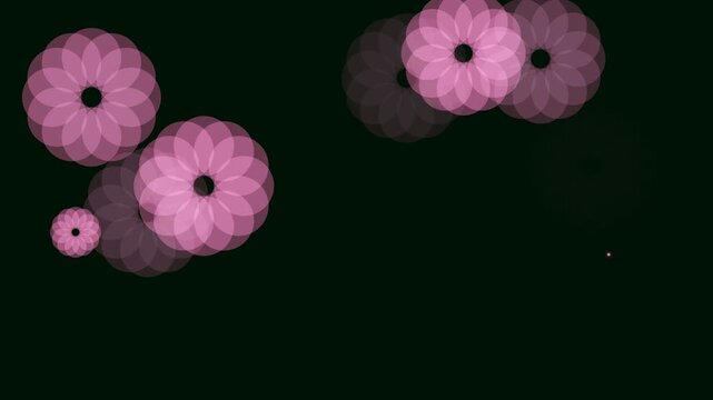 Pink floral geometric patterns floating across dark background in smooth digital animation video motion for creative graphic design project visuals
