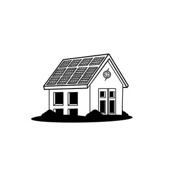 Black and white vector simple house with solar panels on roof. Minimalistic style. Sun icon adds eco friendly message. For sustainability or green energy topics., renewable power, energy efficiency