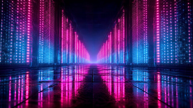 Server room aisle with rows of glowing pink and blue led lights on computer racks reflecting on a dark, polished floor in a data center