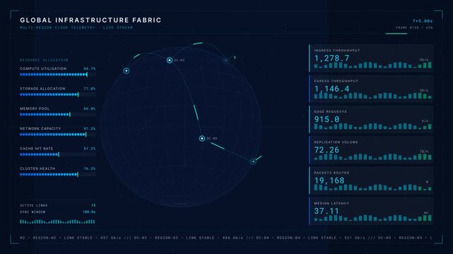 Visualize enterprise cloud infrastructure with a rotating wireframe globe, glowing data center nodes, and animated metrics for a modern tech presentation.