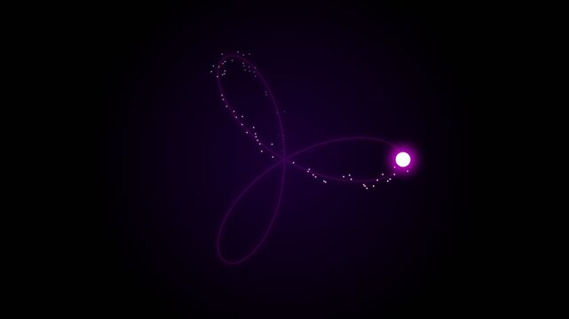 Glowing purple light orb tracing a complex orbital path with shimmering particle trails in this captivating abstract digital motion animation
