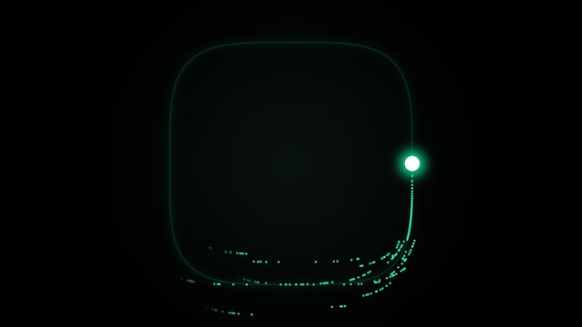 Glowing white orb traveling along a rounded square path in this abstract motion video clip with neon light trails