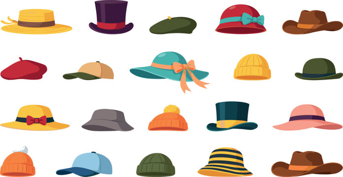 Diverse fashion hats vector collection containing traditional top hats straw sunhats classic cowboy fedora winter beanies berets and sports caps isolated on white background.
