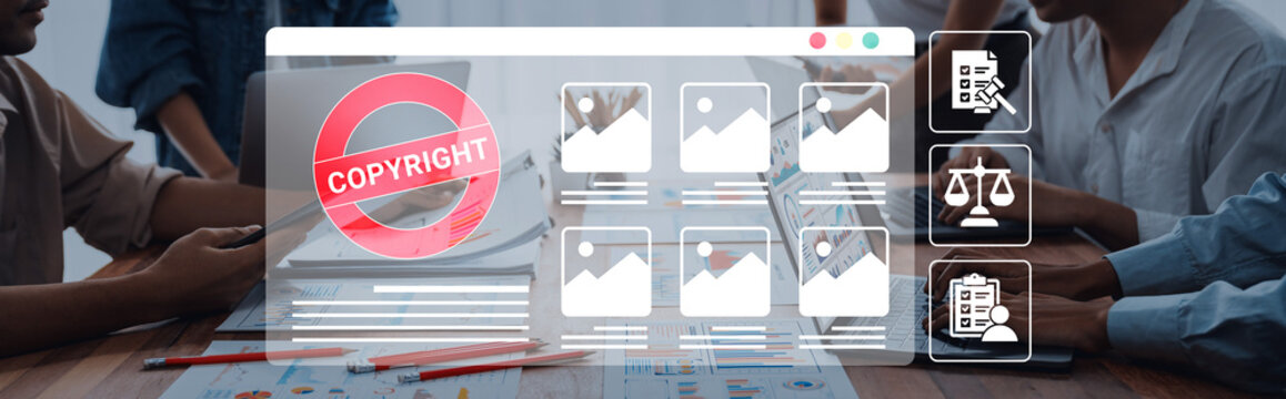 A team discusses copyright and stock photo management in a modern workspace. They explore legal guidelines and strategies for digital content protection and management. Ledger