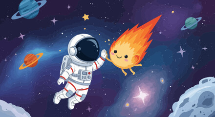 Astronaut and cute comet character high five in deep space © beras