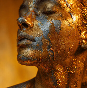 AI generated closeup portrait textured gold silver body paint covering the face neck under warm amber light creating dramatic artistic beauty