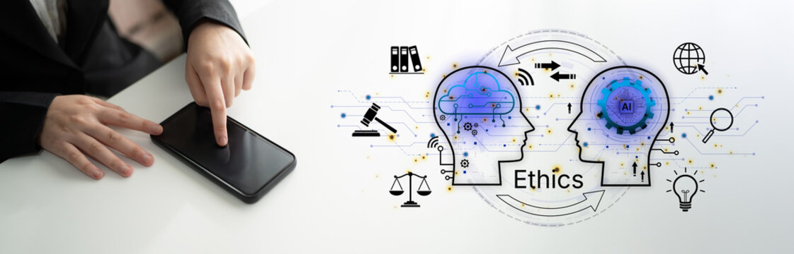 Businessperson Engaged in Ethical Decision-Making with Technology Icons Illustrating Forward-Thinking Concepts and Artificial Intelligence. Bitwise.